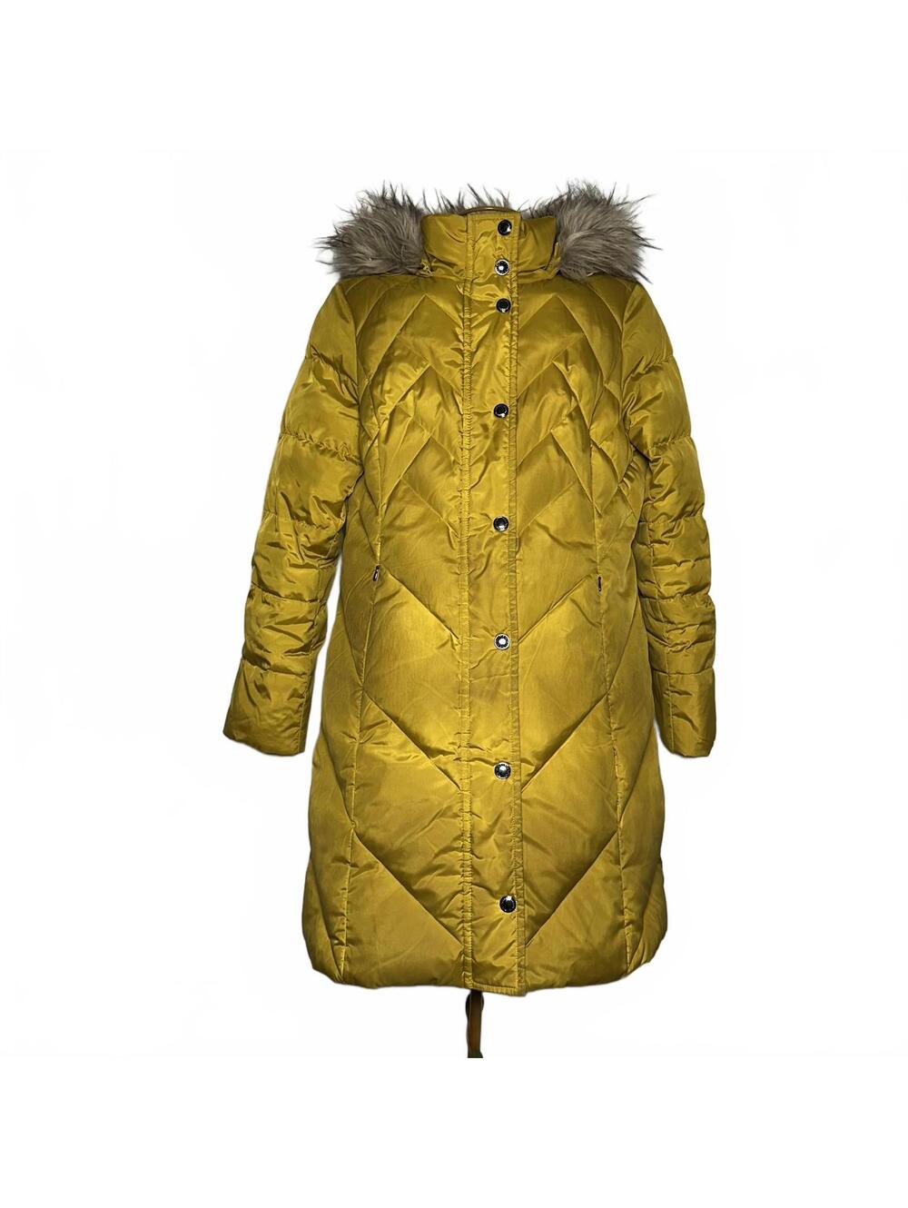London Fog Mustard Yellow Quilted Puffer Coat Faux Fur Hood Down Blend Size M